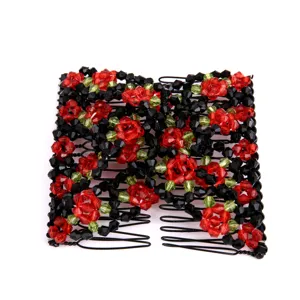 Beaded double hair comb magic stretch comb red rose crystal hair accessories for women