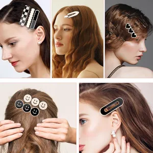 Korean style black and white checkerboard hair clips set, cute heart and smiley face hairpin.