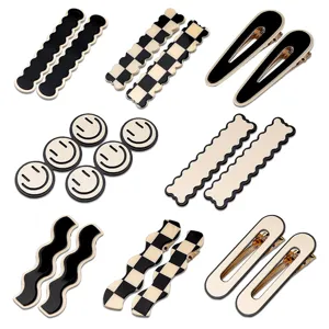 Black white checkered hair clips set, cute smiley face hairpin and wavy fashion accessories.