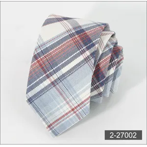 Men business casual 6cm plaid necktie blue red stripe polyester woven tie detail view