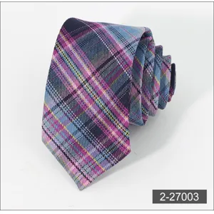 Detailed shot of men's blue and purple plaid necktie, fine fabric texture, 6cm.