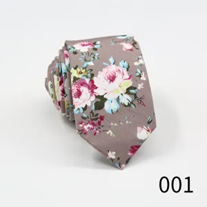 Detailed view of a brown floral cotton slim necktie with pink roses, ideal for business casual.