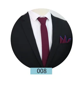 Close-up detail of maroon men's tie and pocket square set with blue trim on suit.