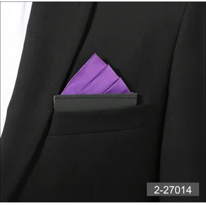 Men's solid purple pre-folded pocket square in card holder for business suit and wedding groom.