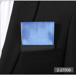 Men solid blue pocket square detail view, premium satin fabric suit chest handkerchief insert.