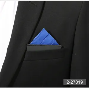 Men's pocket square royal blue suit handkerchief with card insert business accessory detail view.