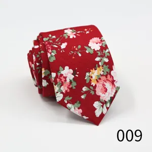 Men's floral print cotton necktie, stylish red slim tie for business, casual and formal wear.
