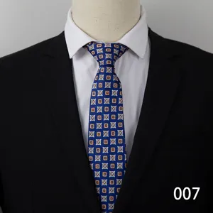 Close-up view of a blue geometric patterned business necktie showcasing detailed fabric texture.