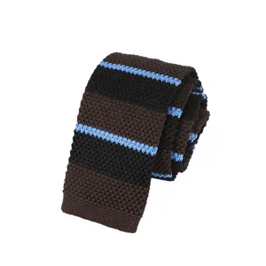 Close-up detail of a classic brown black and light blue striped knitted tie texture design.