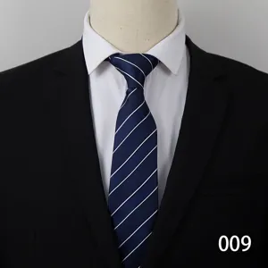 Men's business navy blue necktie with white diagonal stripes detail view showing pattern and texture.
