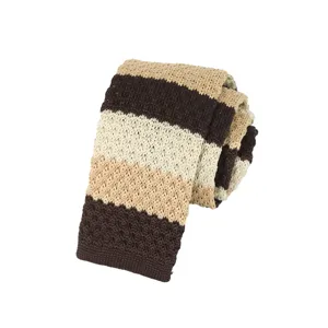 Men's knitted necktie with brown and beige horizontal stripes, stylish casual narrow tie.