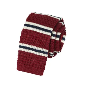 Burgundy knitted necktie with white and navy blue stripes, classic and stylish for daily wear.