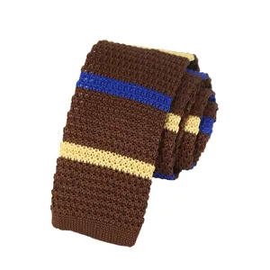Brown knitted tie with blue and yellow stripes, fine knit texture detail for men's suit.