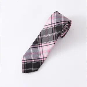 Pink black plaid necktie for men, business casual stylish woven tie for daily wear.