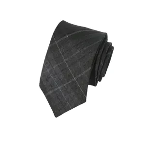 Detailed close-up view of a stylish dark grey plaid men's necktie with fine woven texture.