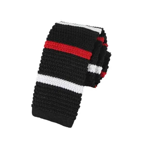 Classic black knitted necktie featuring striking red and white stripes, slim 6cm width.
