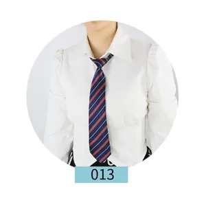 Close-up detail of the classic blue and red striped JK uniform tie worn with shirt.