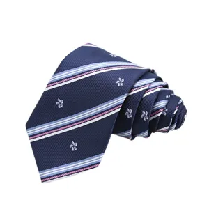 Cravatta a righe blu scuro classica con motivi floreali per uniformi scolastiche.