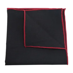 Men black pocket square with red stitched edge formal suit handkerchief for business wedding.