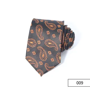 Detailed close-up of the elegant black and orange paisley pattern men's business necktie.