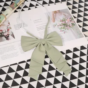 Close-up detail of a sage green fabric JK uniform bow tie with elastic strap, elegant style.