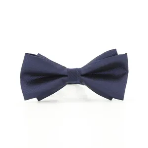 Classic navy blue striped bow tie for men, perfect for business and wedding suits.
