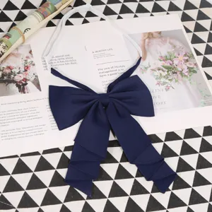 Dark blue bow JK uniform collar tie for women, pre-tied solid color student shirt accessory