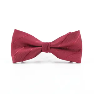 Men burgundy striped bow tie detail, classic formal wear accessory for business and wedding events.