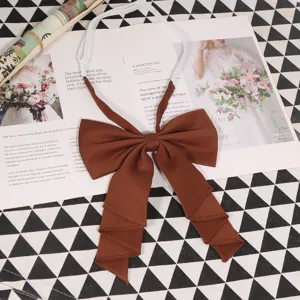 Brown solid color large bow JK uniform collar tie for women pre-tied chic college style.