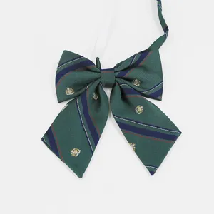 Classic green striped JK uniform bow tie with zipper and emblem, stylish school style.