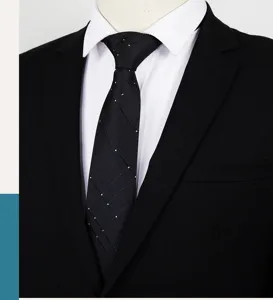 Men's classic black business formal tie with white dot pattern for suit and wedding wear.