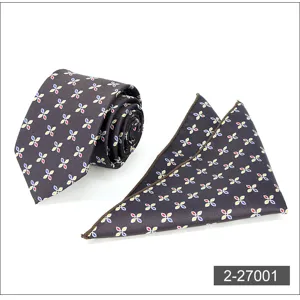 Men's business necktie and pocket square set, dark brown with colorful floral print.