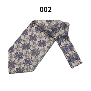 Men's silk paisley ascot tie detail, classic British business formal cravat in navy blue.