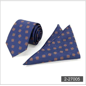 Men business tie and pocket square set, blue with orange geometric pattern fabric.