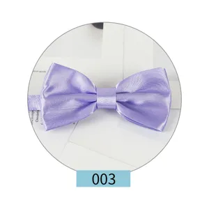 Dettaglio del papillon in raso viola, che mostra la texture liscia del tessuto e il colore elegante.