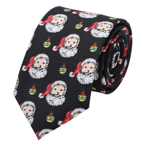 Black Christmas Santa Claus print necktie for holiday party, stylish polyester silk tie.