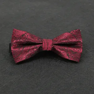 Detailed close-up of a burgundy paisley bow tie, classic men's formal suit accessory.