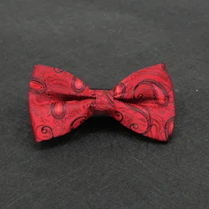 Red paisley bow tie for men, elegant silk fabric neckwear for wedding and business.