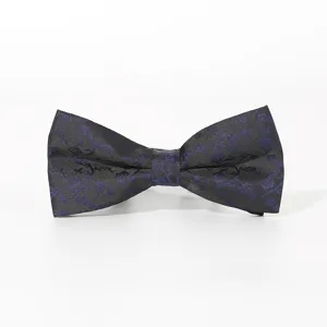 Elegant black men's bow tie with purple jacquard pattern, perfect for weddings and business.