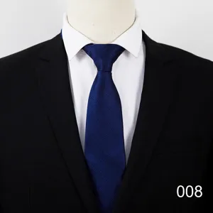 Men's business dark blue striped tie detail view, professional suit matching presentation.