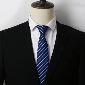 Gros plan détaillé de la cravate pour homme rayée bleue classique avec des motifs diagonaux élégants.