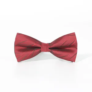 Detailed shot of wine red business bow tie with black stripe pattern, elegant fabric texture.