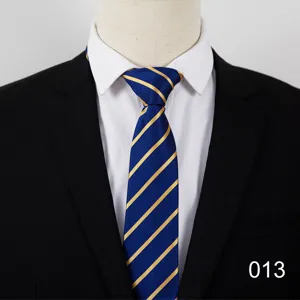 Detailed view of the blue and gold striped business tie, showcasing fine fabric texture and detail.