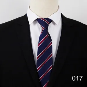 Men's classic business striped necktie in dark blue with red and white stripes, 8cm width.