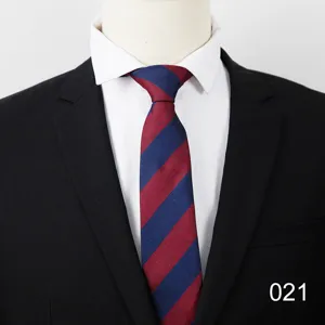 Men's business formal striped tie detail shot, classic red and blue diagonal stripes design.