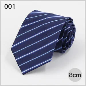 Close-up detail of a blue striped men's necktie, 8cm wide polyester silk fabric design.