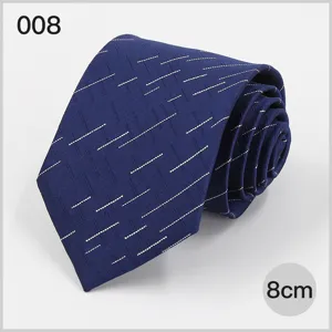 Blue business tie with white dashed stripes, detailed close-up of 8cm fabric design.