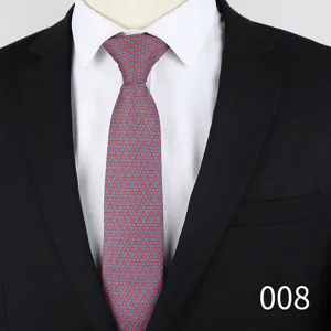 Red geometric jacquard silk necktie detail, classic business suit accessory, 6cm width.