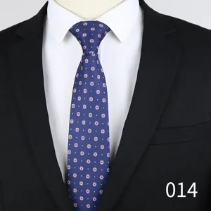 Blue business tie detail, small floral jacquard pattern, 6cm slim width formal wear accessor.