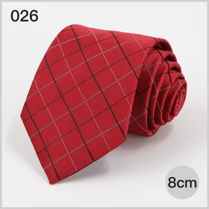Red plaid business necktie for men, 8cm wide professional tie, stylish formal suit accessory.